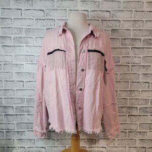 POL Pink Denim Raw Edge Western Shirt Jacket with Silver Metal Fringe Size M